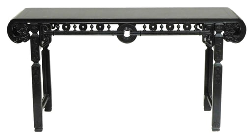 ASIAN: Lacquered altar table, Chinese, late 19th/ 20th C., oblong panel top with scrolled ends,
