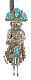 JEWELRY: Kachina bolo tie, monumental sterling hoop dancer with turquoise headdress and turquoise
