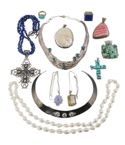 JEWELRY: Twelve pieces of silver, semi-precious, and pearl jewelry; including two silver collar
