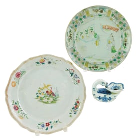 ASIAN: Three pieces of Chinese porcelain: one Chinese Export 18th C. famille rose plate with bird