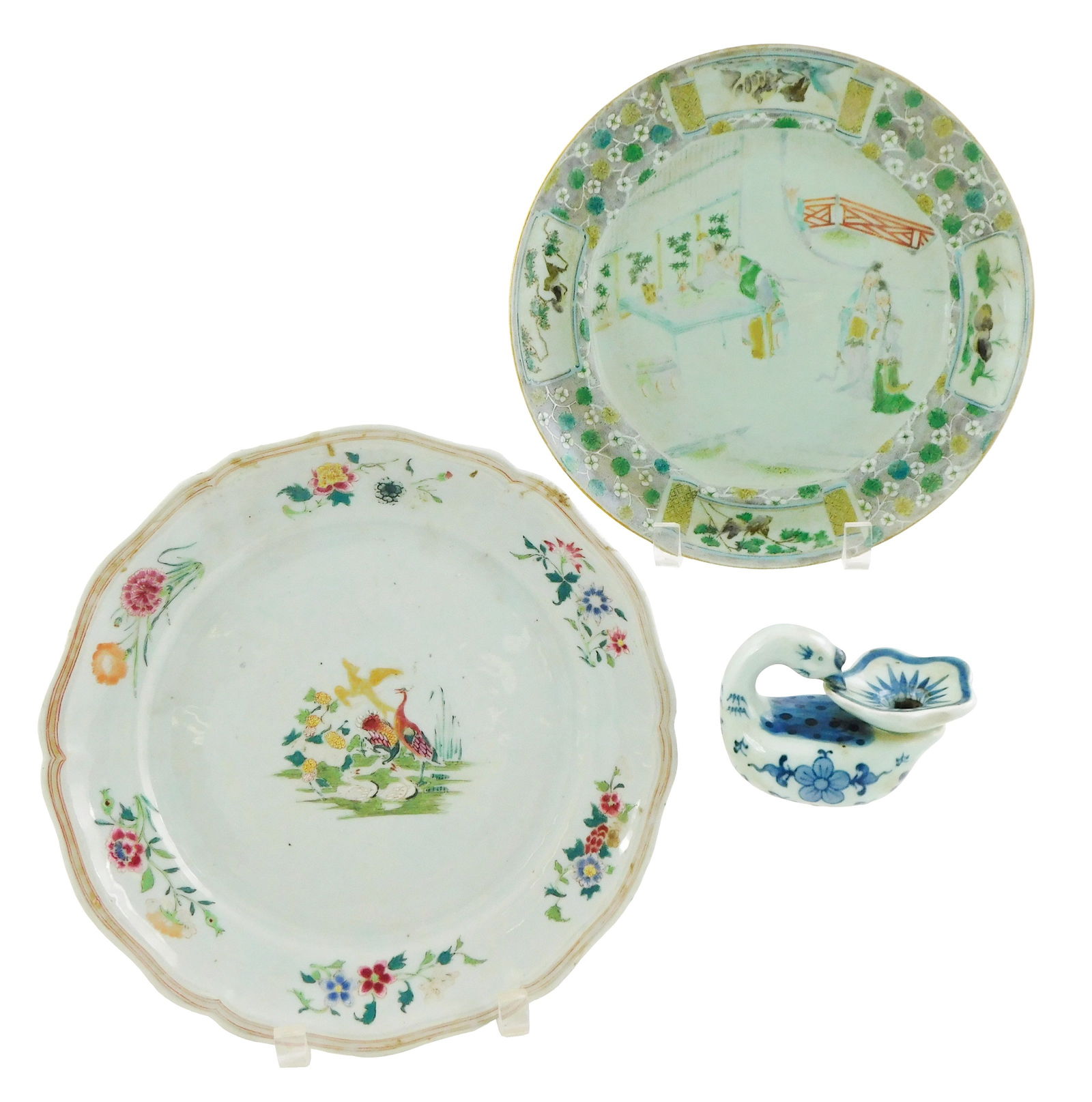 ASIAN: Three pieces of Chinese porcelain: one Chinese Export 18th C. famille rose plate with bird (1 of 4)