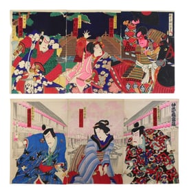 ASIAN: Two Japanese woodblock print triptychs, Ukiyo-e, likely Kunisada or Kunichika, both featuring