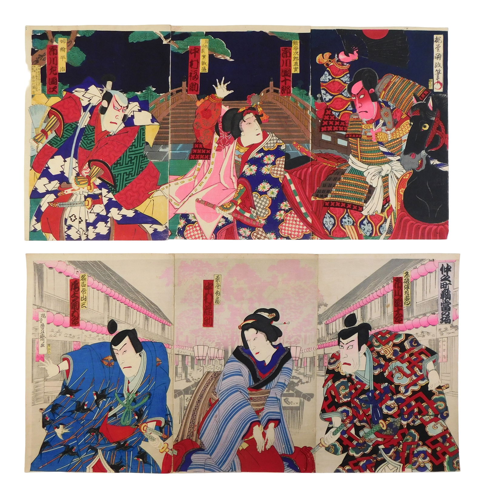 ASIAN: Two Japanese woodblock print triptychs, Ukiyo-e, likely Kunisada or Kunichika, both featuring (1 of 3)