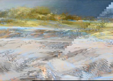 Paul Zimmerman (Connecticut, 1921-2007), “Lakeville, The Sunday Before??, oil on canvas, depicts