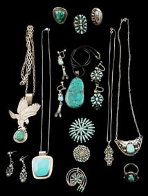 JEWELRY: Fifteen pieces of Zuni and Southwest style silver and turquoise, many signed, six pendants,