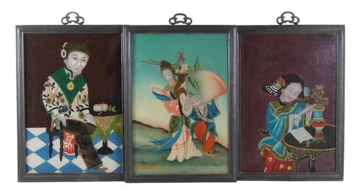 ASIAN: Three framed Chinese Export reverse hand painted glass portraits, late 19th/early 20th C.,