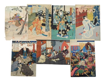 ASIAN: Seven woodblock prints by Kunisada, Kuniyoshi, and Utagawa, Ukiyo-e prints, vibrantly colored