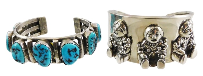 JEWELRY: Two Southwest cuff bracelets, including a Carol Felley "story tellers" bracelet, makers
