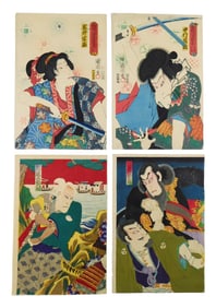 ASIAN: Four woodblocks by Toyohara Kunichika (Japanese,1835-1900), Ukiyo-e, vibrantly colored kabuki