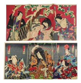 ASIAN: Two triptychs by Toyohara Kunichika (Japanese,1835-1900), ukiyoe woodblock prints, both