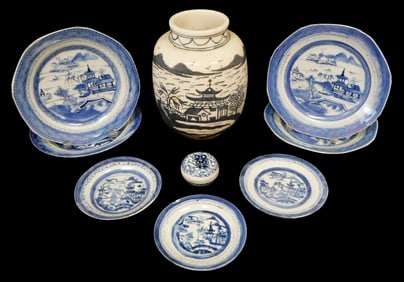 ASIAN: Chinese blue and white porcelain, 19th/20th C., nine pieces, including: four 9-9 1/2" and