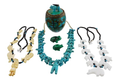 JEWELRY: Three fetish necklaces, along with three carved hardstone items, details include: Eagle