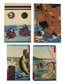 ASIAN: Four woodblock prints, including two by Ikkei from "Forty Eight famous Views of Tokyo" both