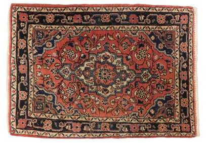 Iranian wool mat, 3' 1" x 2' 2" w., shades of red and blue overall, dark blue border, one end