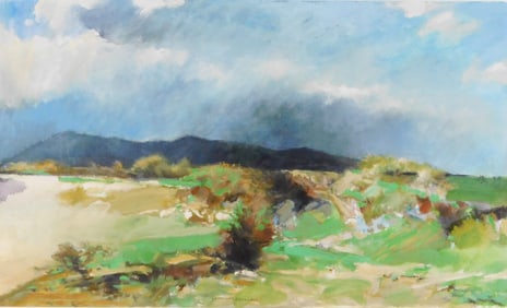 Paul Zimmerman (Connecticut, 1921-2007), “Spring Storm??, gouache and watercolor, depicts