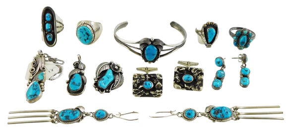 JEWELRY: Navajo and Southwest style, eleven pieces of silver and turquoise including four rings, two