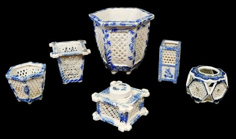 ASIAN: Six Japanese reticulated blue and white porcelain objects, all Meiji or later, including: