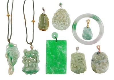 ASIAN: Eight hardstone pendants and one bangle, some resembling jade, carved in a variety of motifs