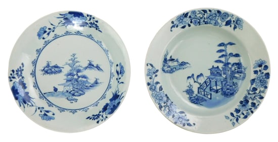 ASIAN: Two Chinese Export soup plates, 18th C., both decorated with landscape and floral decoration