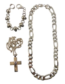 JEWELRY: Three pieces of sterling jewelry including a chunky link necklace, 22" l; along with a