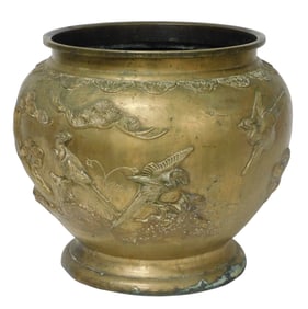ASIAN: Brass jardinière, Japanese, Edo/Meiji period, bulbous form with pine and bird decoration in