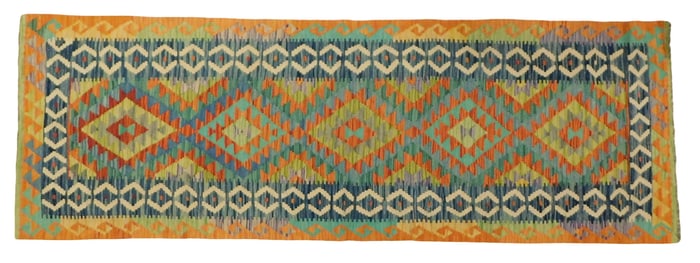 RUG: Turkish Kilim runner, 3' x 8' 8", wool on wool, polychrome geometric design, wear consistent