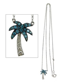 JEWELRY: 14K Diamond palm tree pendant with chain, white gold pendant set with nineteen blue and six