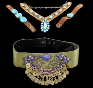 JEWELRY: Four pieces of leather and hardstone accessories, including a leather belt by Nina Arjani,