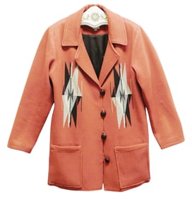 TEXTILE: Southwestern style Chimayo weave jacket, women's jacket, wool with dark brown lining and