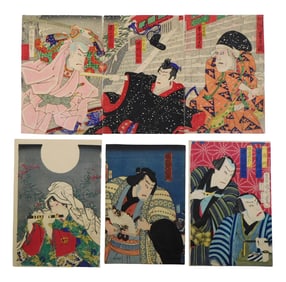 ASIAN: Six woodblock prints by Kunisada and Kunichika, including triptych "Kabuki Shinkyoga Starry