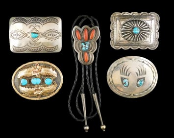 JEWELRY: Five pieces of Southwest silver, four belt buckles with turquoise accents; and a bolo tie