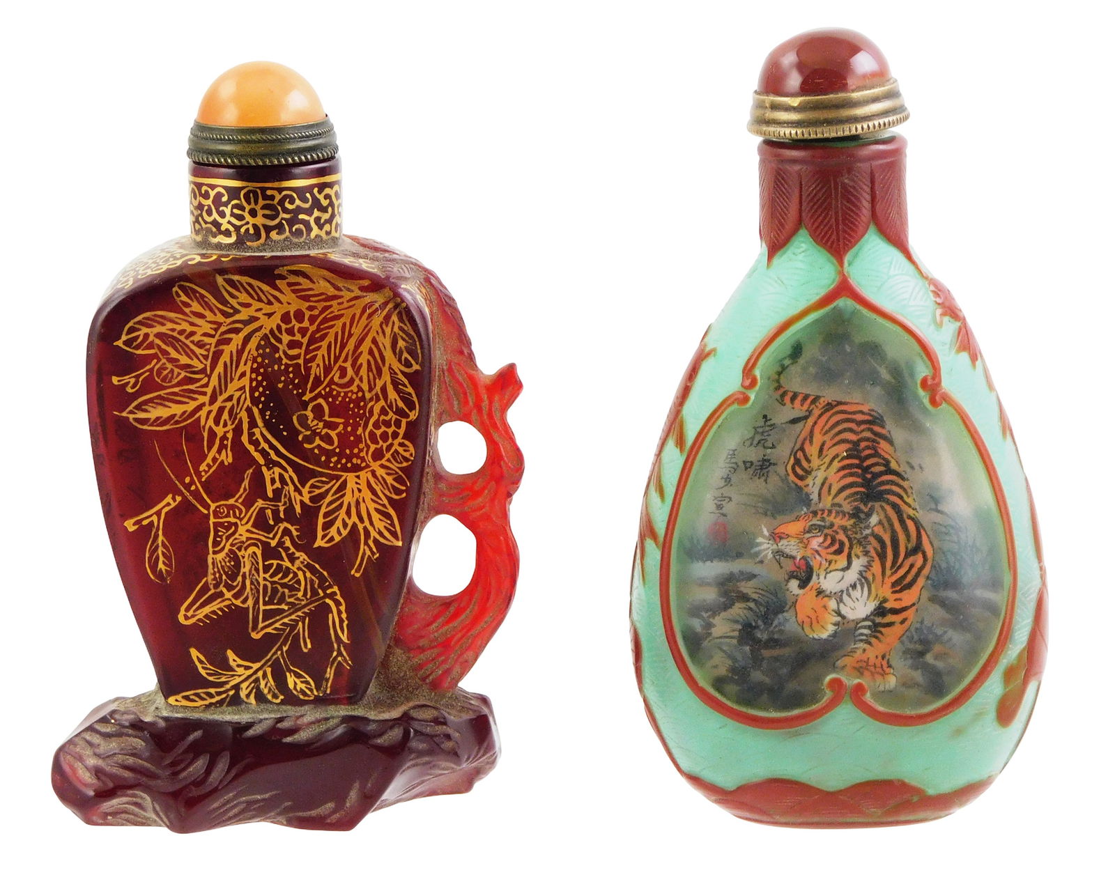 ASIAN: Two Chinese snuff bottles, 20th C.: one Peking glass with inside painted images of tigers to (1 of 3)