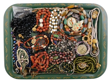 COSTUME JEWELRY: 40+ pieces including: two charm bracelets with some charms marked sterling, chain
