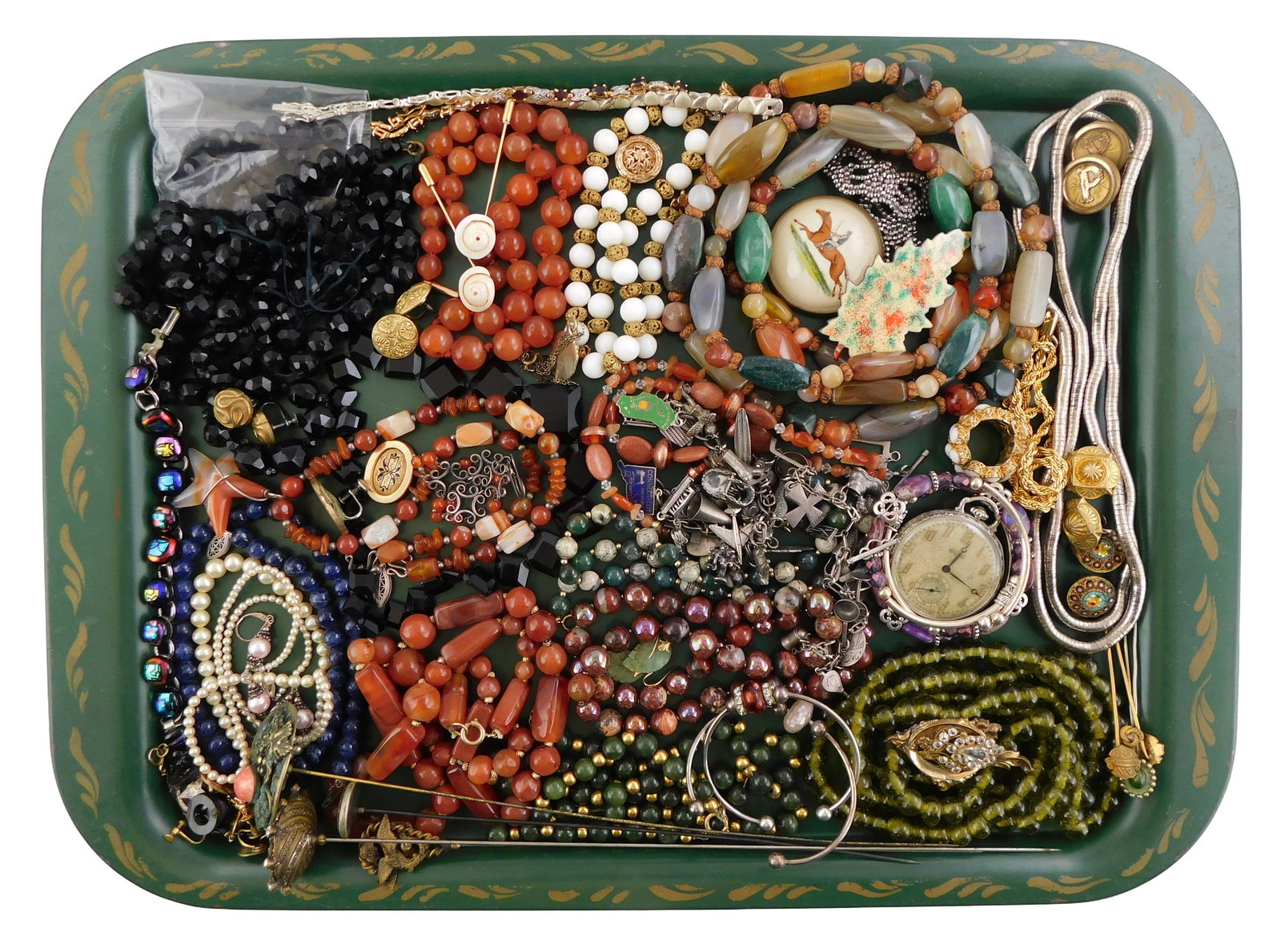 COSTUME JEWELRY: 40+ pieces including: two charm bracelets with some charms marked sterling, chain: COSTUME JEWELRY: 40+ pieces including: two charm bracelets with some charms marked sterling, chain tested not silver; Dichroic glass bracelet; hat pin with enamel decoration; other items include: hard