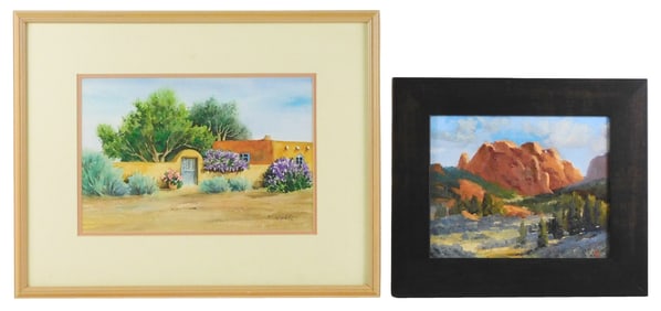 Two southwestern paintings, including: JR Monks (American, 20th/21st C.) landscape with red cliffs,