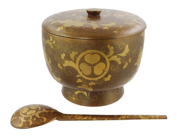ASIAN: Lacquer covered bowl and dipper, Japanese, probably Edo period (1600-1868), decorated with