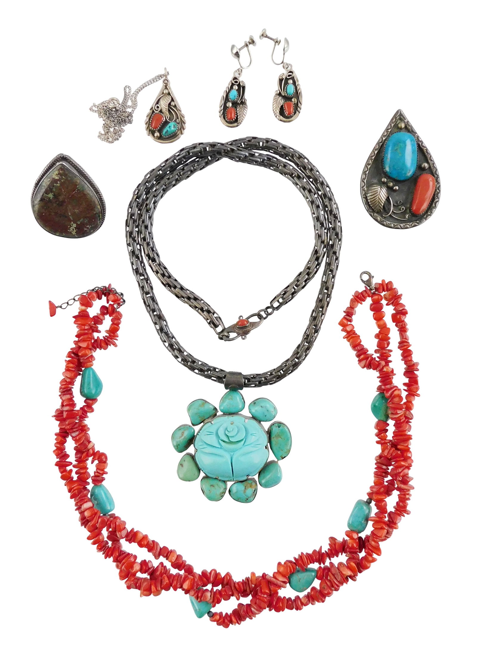 JEWELRY: Six pieces of southwest jewelry, coral type, turquoise, and silver, including a triple (1 of 4)