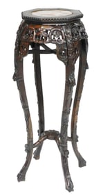 ASIAN: Chinese marble top side table or plant stand, early 20th C., foliate vine themed carved wood
