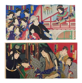 ASIAN: Two triptychs by Toyohara Kunichika (Japanese, 1835-1900), woodblock prints, Ukiyo-e,