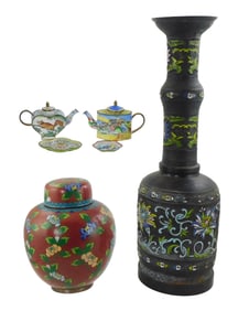 ASIAN: Chinese enamelware, Qing Dynasty and/or later, six pieces, including a cloisonné ginger jar,