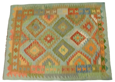 RUG: Turkish Kilim, 5' x 6' 5", wool on wool, polychrome geometric design, wear consistent with age