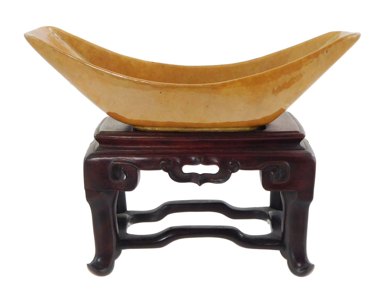 ASIAN: Chinese porcelain cafe au lait glazed dish, Qing Dynasty, rectangular with sloped ends, on a (1 of 6)