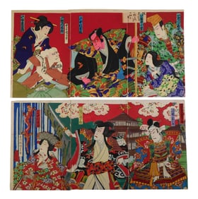 ASIAN: Two triptychs by Kunisada (Japanese), woodblock prints, Ukiyo-e, vibrantly colored kabuki