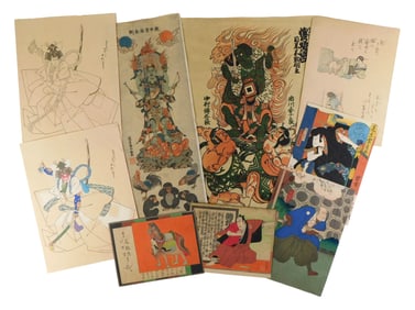 ASIAN: Assortment of woodblock prints, Japanese and other, two larger pieces featuring deities;