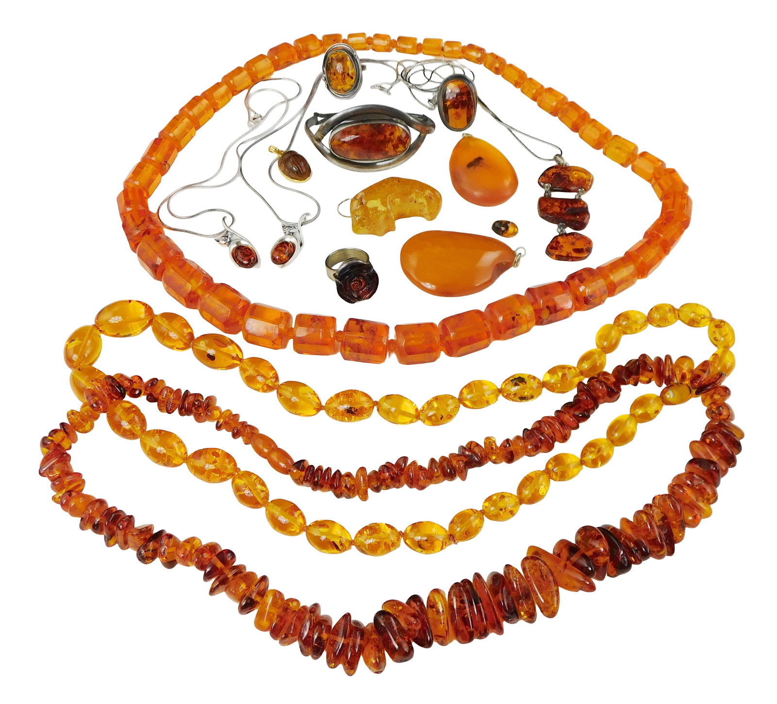 JEWELRY: Fifteen pieces of amber or amber type jewelry, seven pieces in sterling settings, and two (1 of 4)