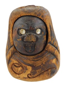 ASIAN: Japanese carved wood daruma doll-form tobacco holder, probably Meiji period or later, with