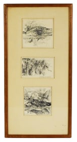 Paul Zimmerman (Connecticut, 1921-2007), three pen and ink sketches in triptych frame, upper and