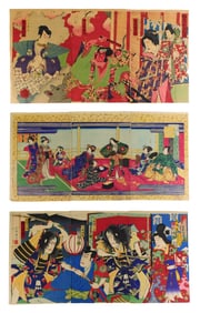 ASIAN: Three Japanese Ukiyo-e woodblock print triptychs, all depicting kabuki actors; one depicting
