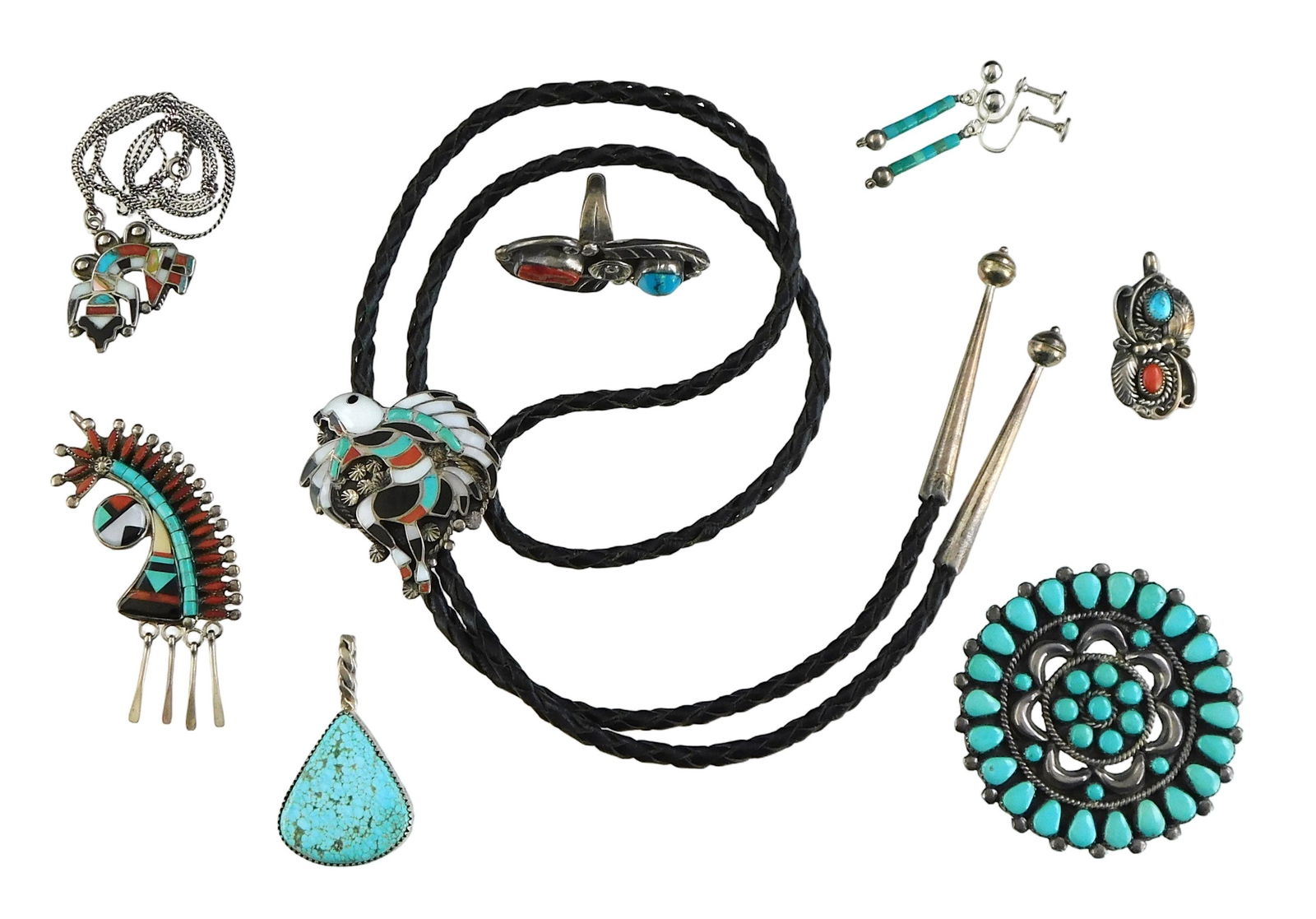 JEWELRY: Eight pieces of Navajo and Zuni southwest jewelry in silver, turquoise and Zuni inlay, (1 of 6)