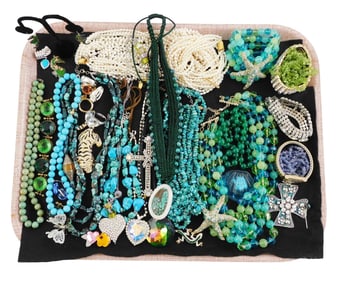 COSTUME JEWELRY: Thirty plus pieces including various makers, metals, and stones; pendants, rings,